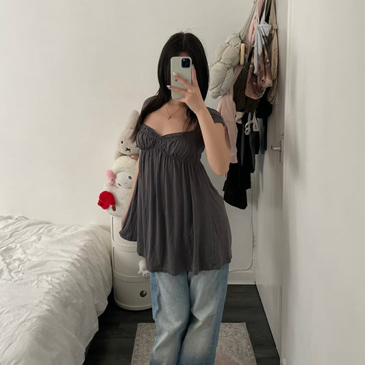 miss sixty grey taupe balletcore ruched puff cap sleeve babydoll milkmaid top