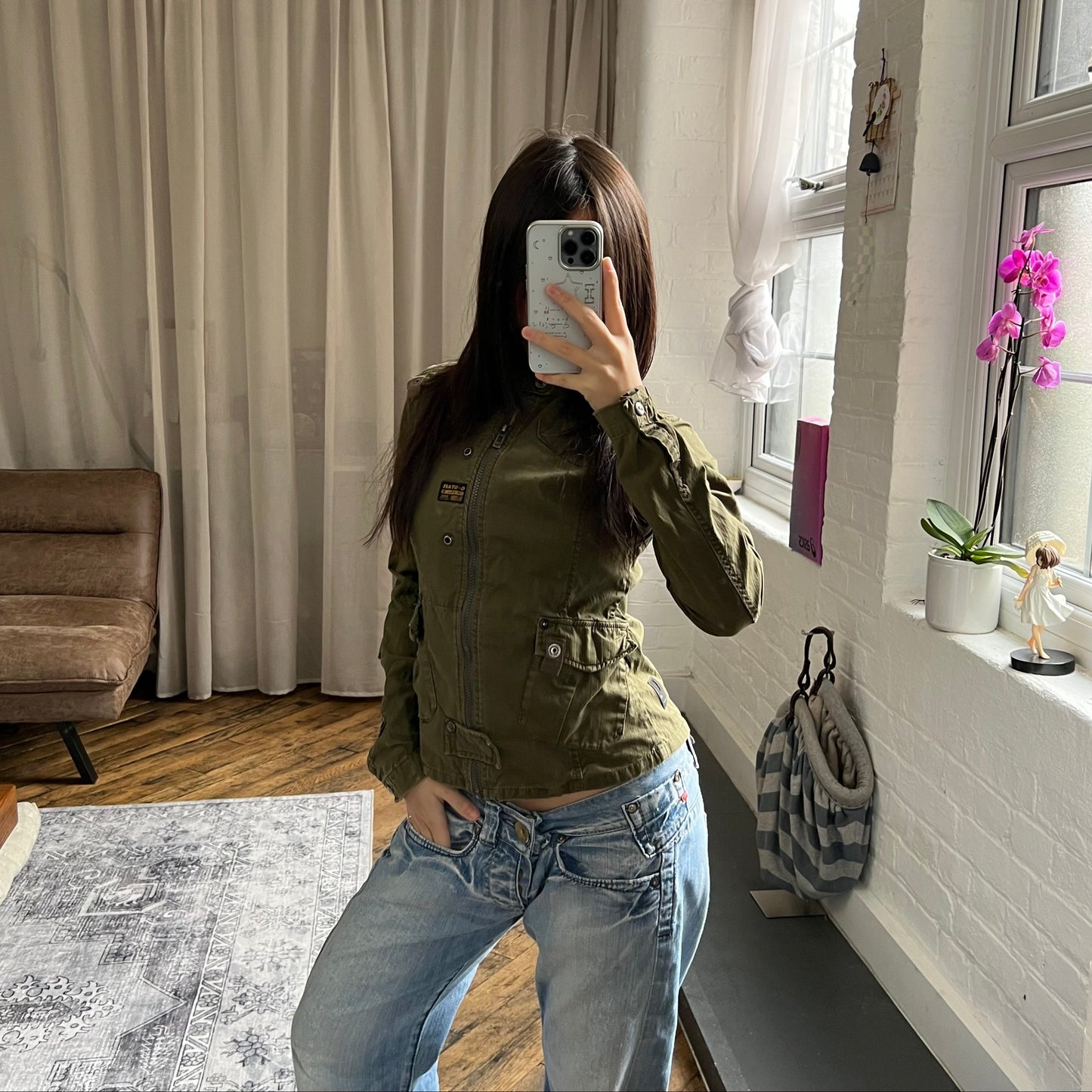 dark khaki g-star raw long sleeve utility style neck buckle jacket