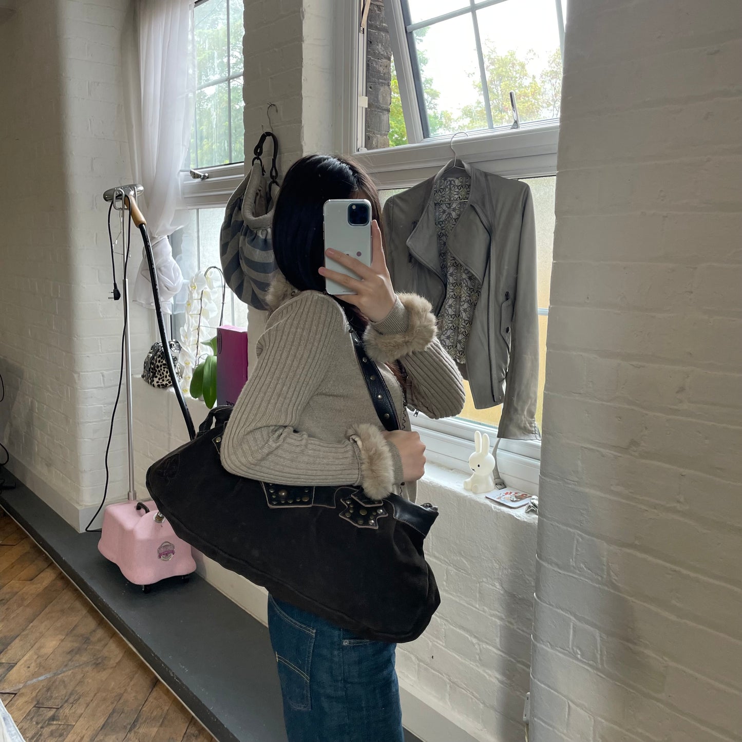 western grunge vintage nine lives brown suede leather studded shoulder bag