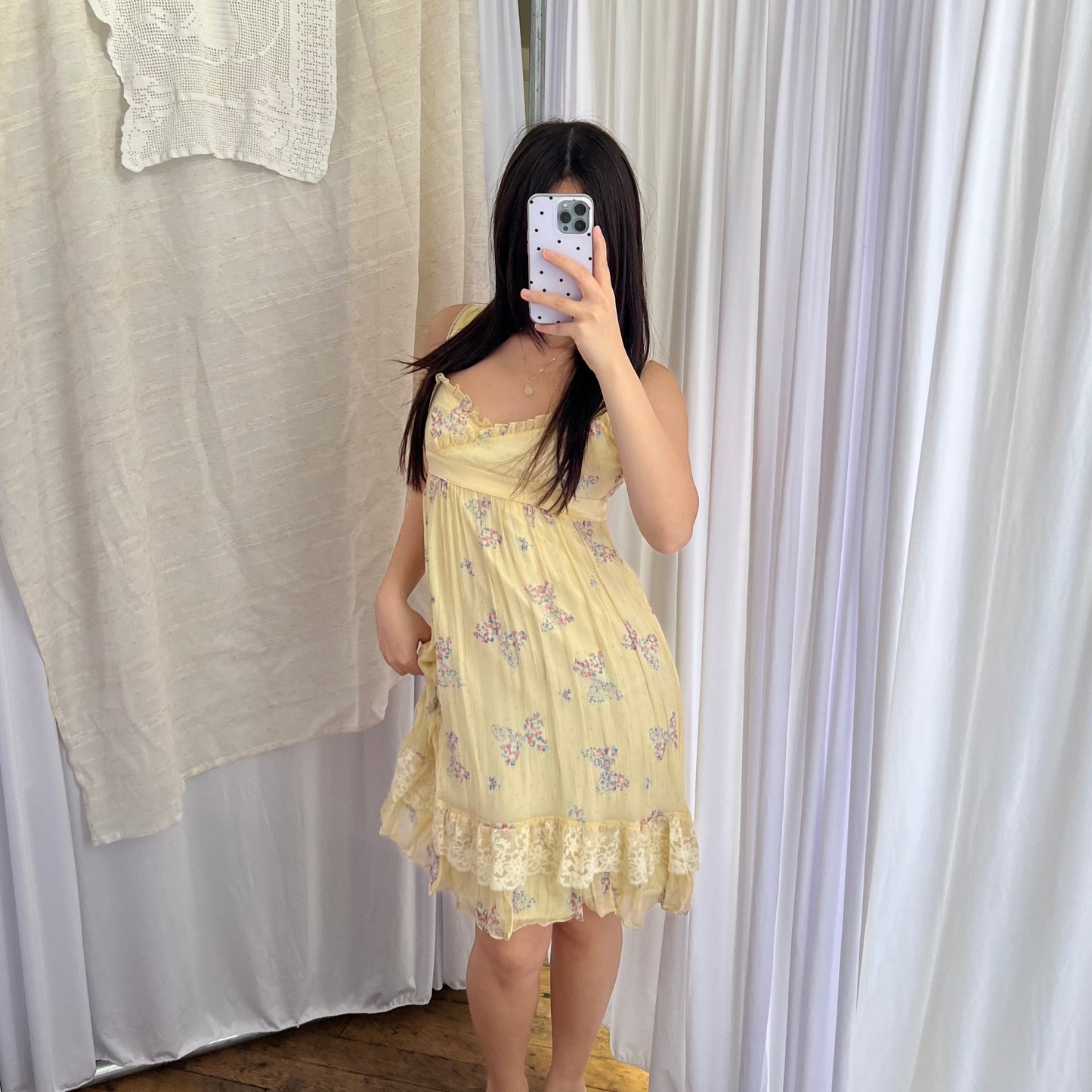 Dreamy Baby Yellow Cynthia Rowley Butterfly Frill Lace Silk Knee Length Dress