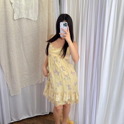 Dreamy Baby Yellow Cynthia Rowley Butterfly Frill Lace Silk Knee Length Dress