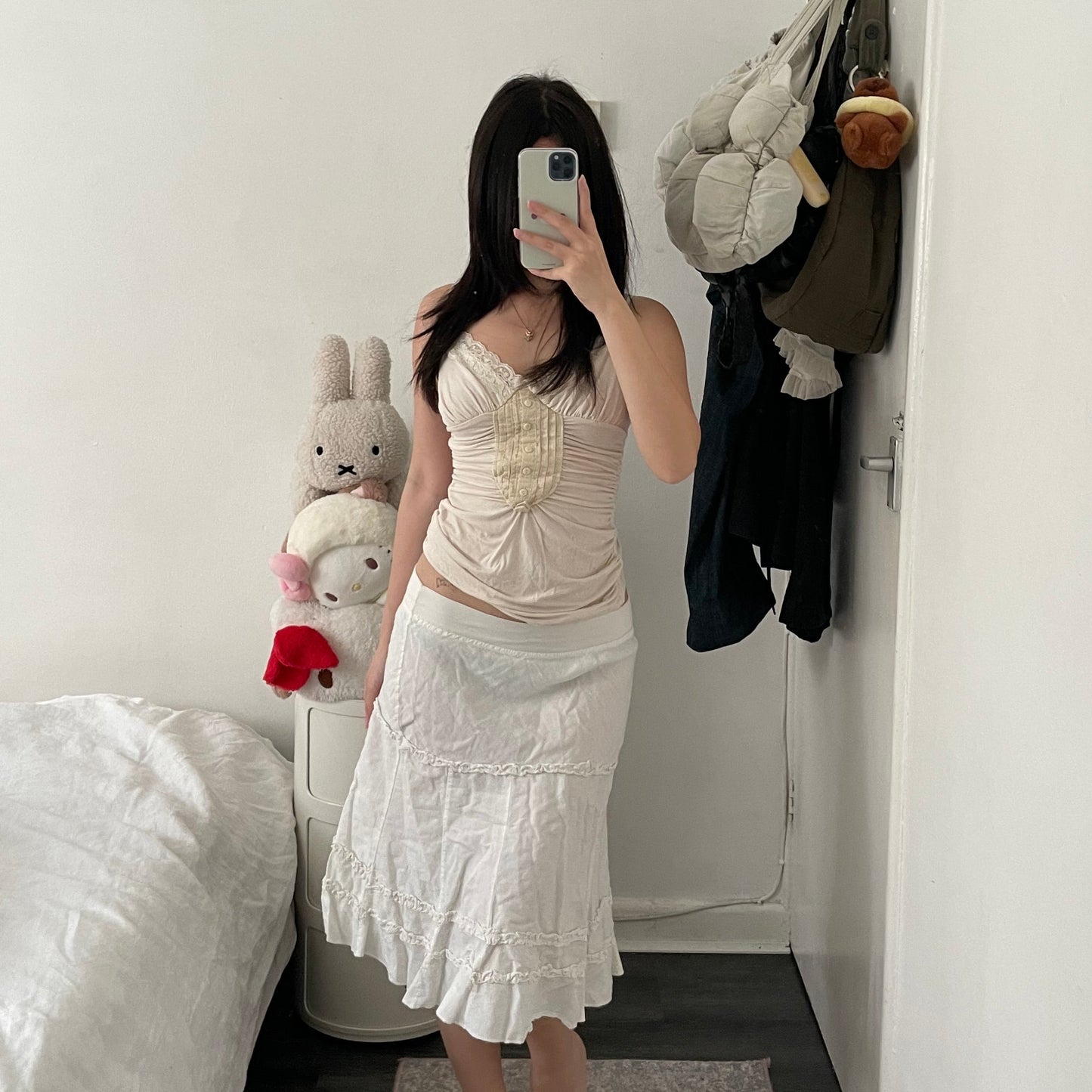 vintage linen blend white cottage prairie ruffle detail midi skirt