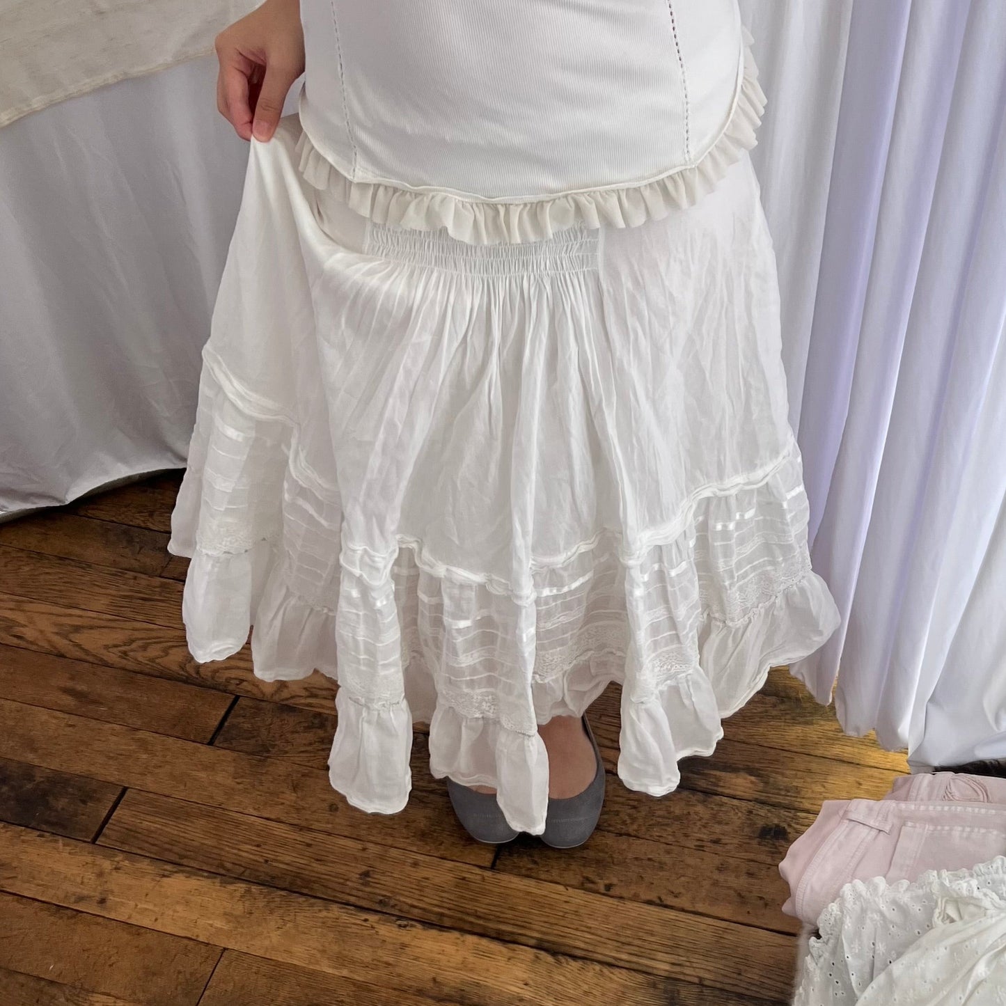 Cotton Cottage Eurosummer White Ruched Midi Skirt