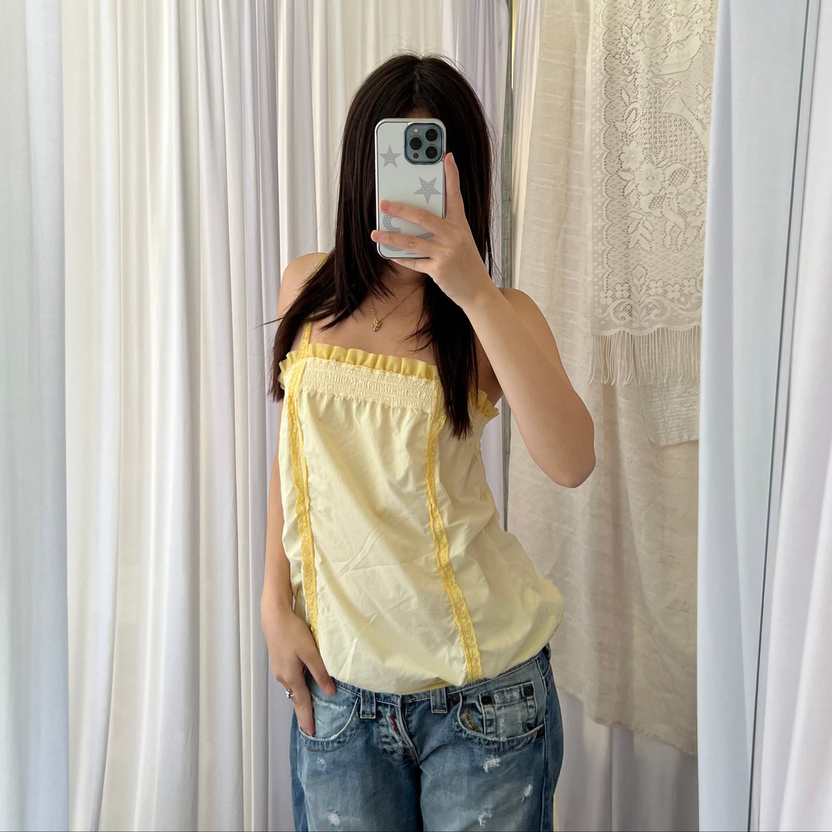 Miss Sixty White Ruched Bubble Hem Baby Yellow Ruffle Lace Camisole