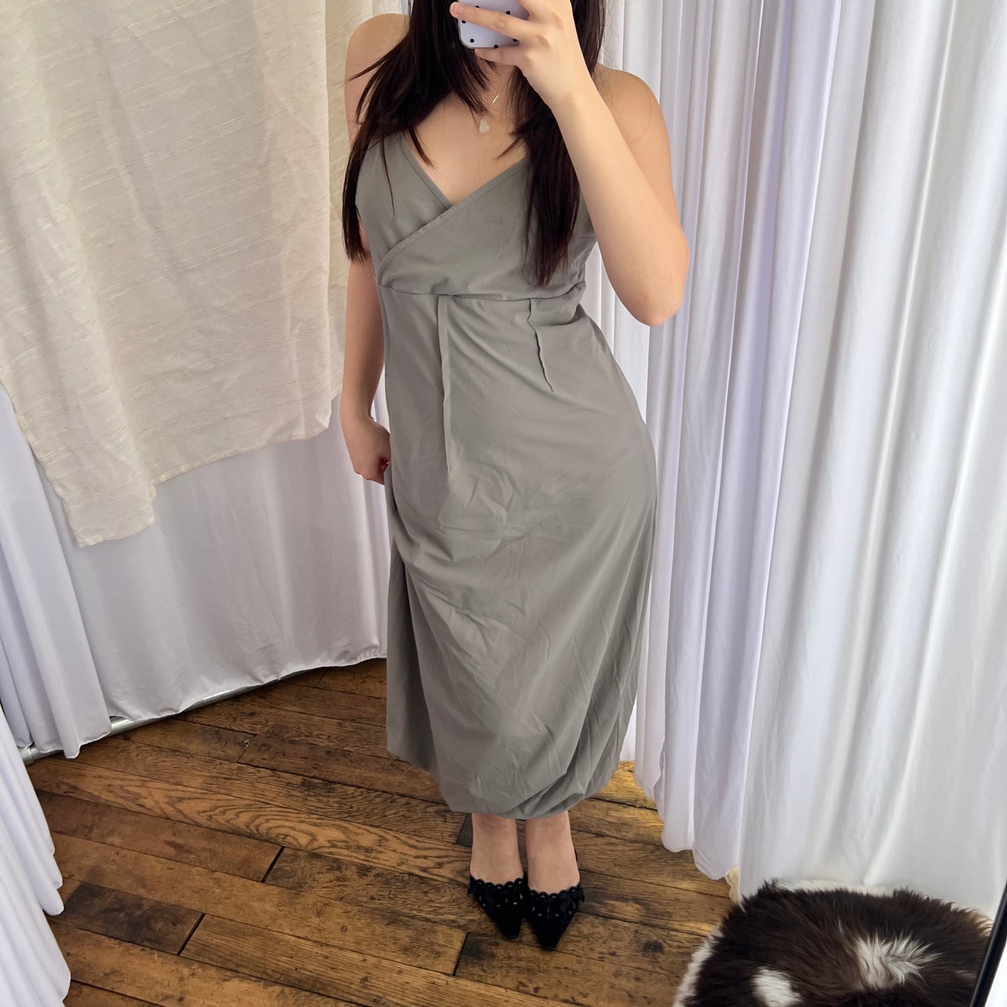 Sarah Pacini Khaki Grey Wrap Bust Balloon Hem Midi Dress