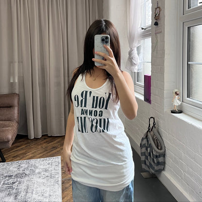 white navy fitted hem bubble long tank top with you're gonna miss me graphic