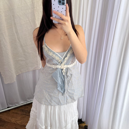 Esisto Cornflower Blue Beige Print Embroidery Lace Babydoll Camisole