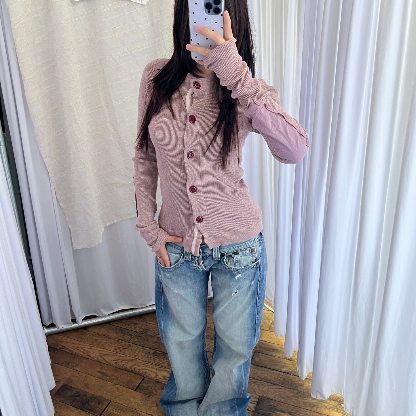 Americana Muted Pink Patch Work Waffle Knit Button Cardigan