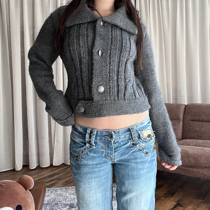 Vintage Nathalie Chaize Grey Wool Blend Cable Knit Cardigan Jacket
