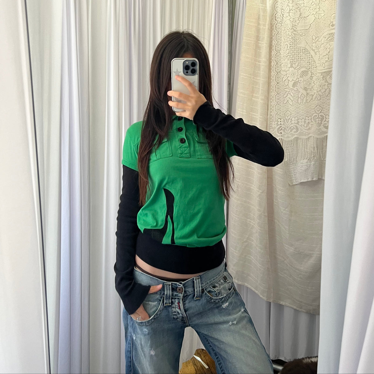 American Retro Green Black Layered Style Button Long Sleeve High Collar Top