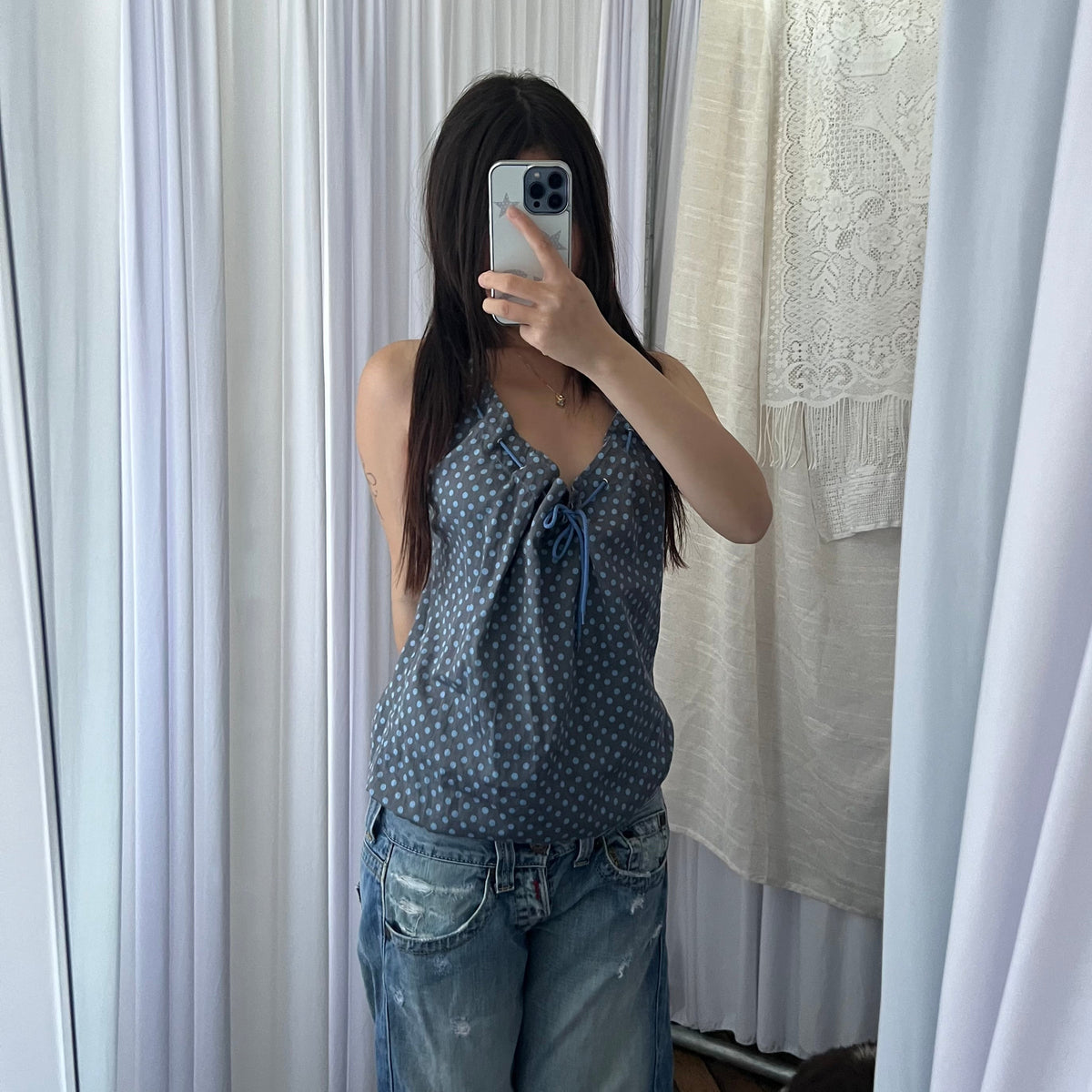 One Step Grey Blue Polka Dot Ruched Ribbon Vest