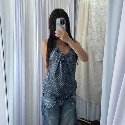 One Step Grey Blue Polka Dot Ruched Ribbon Vest