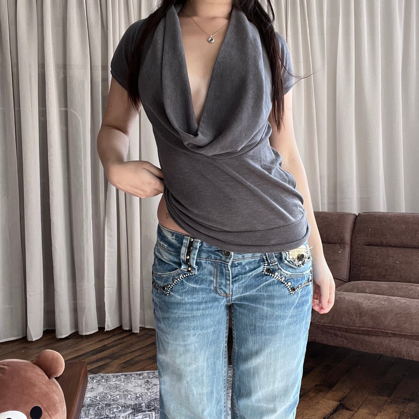 PDK Faded Purple Grey Neck Draped Short Sleeve Sweatshirt