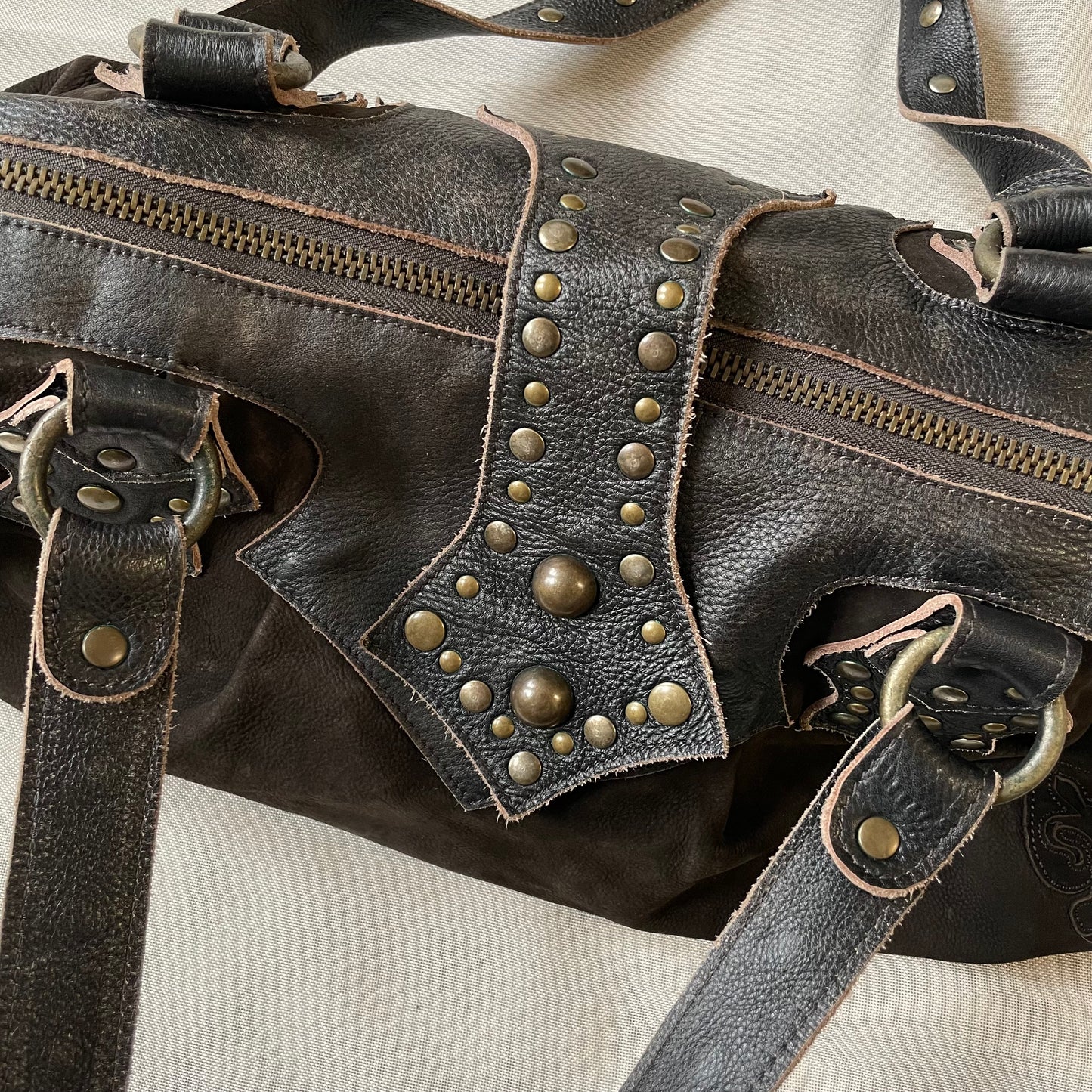 western grunge vintage nine lives brown suede leather studded shoulder bag