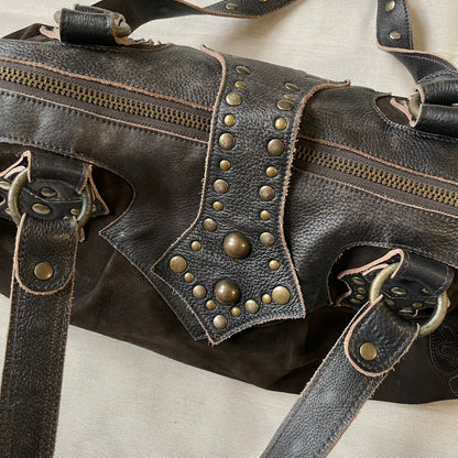 western grunge vintage nine lives brown suede leather studded shoulder bag