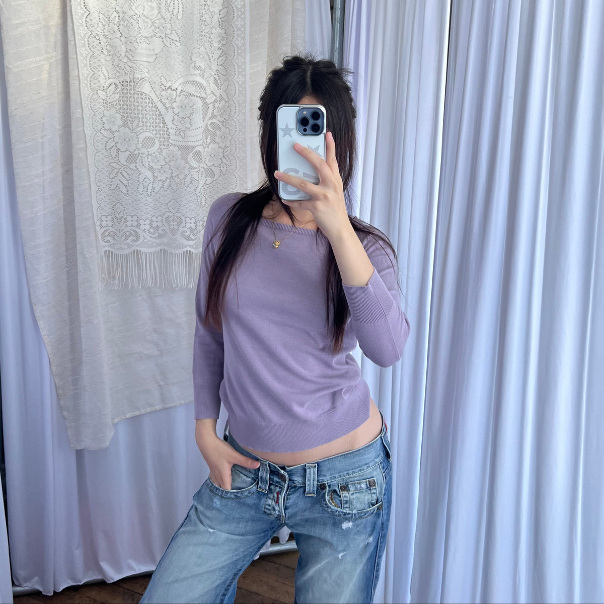 Lilac Dkny Silk Blend 3/4 Sleeve Crop Fine Knit Top