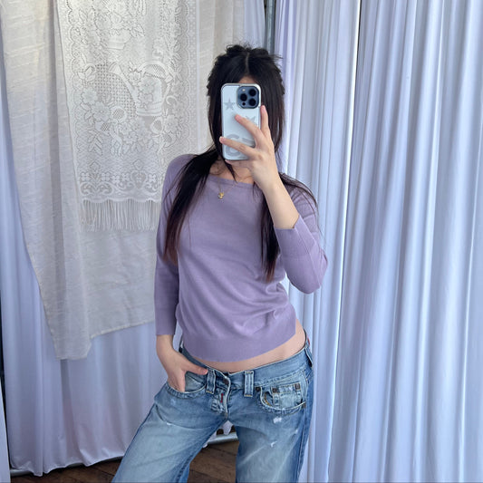 Lilac Dkny Silk Blend 3/4 Sleeve Crop Fine Knit Top