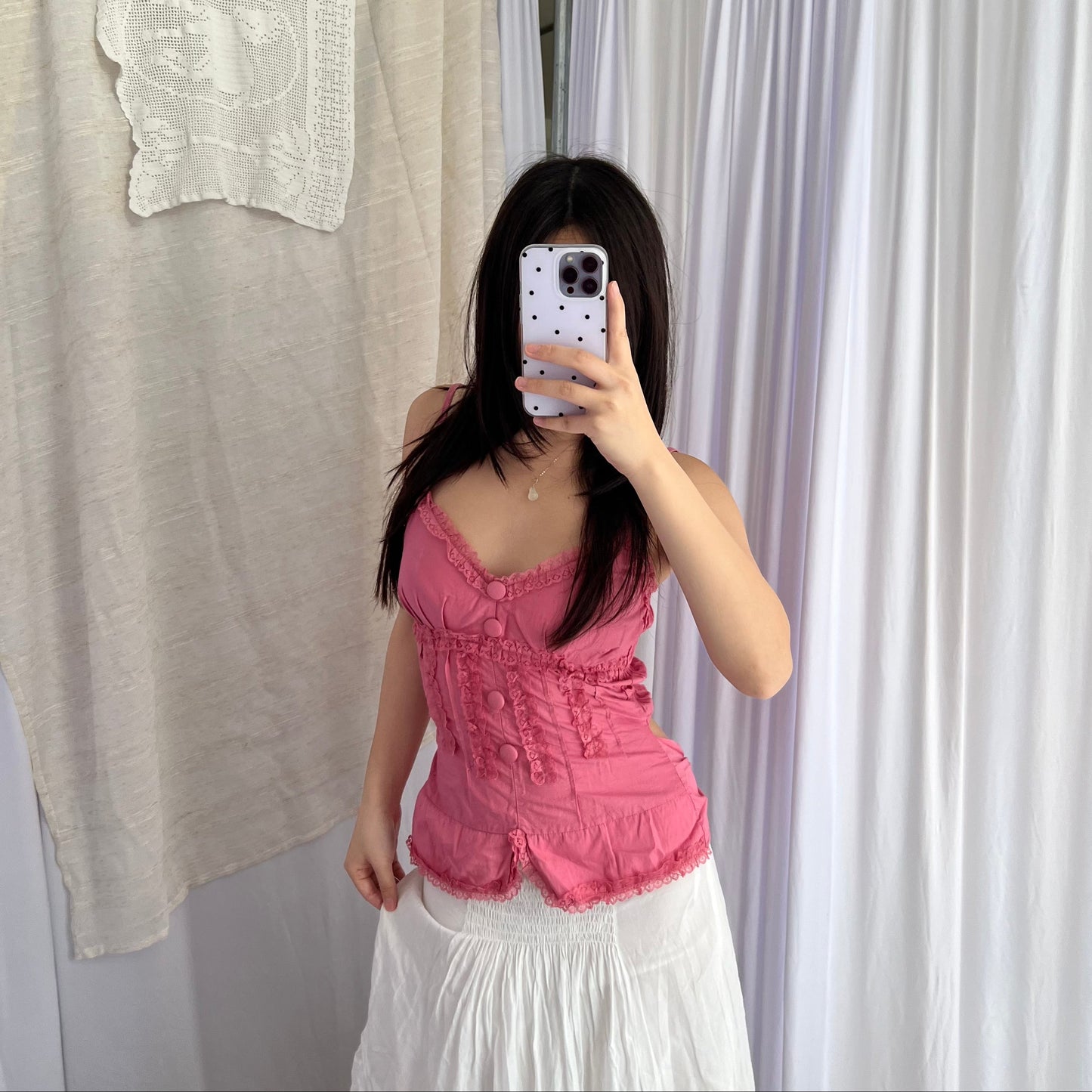 Pink Shaba Frilly Lace Button Bustier Camisole