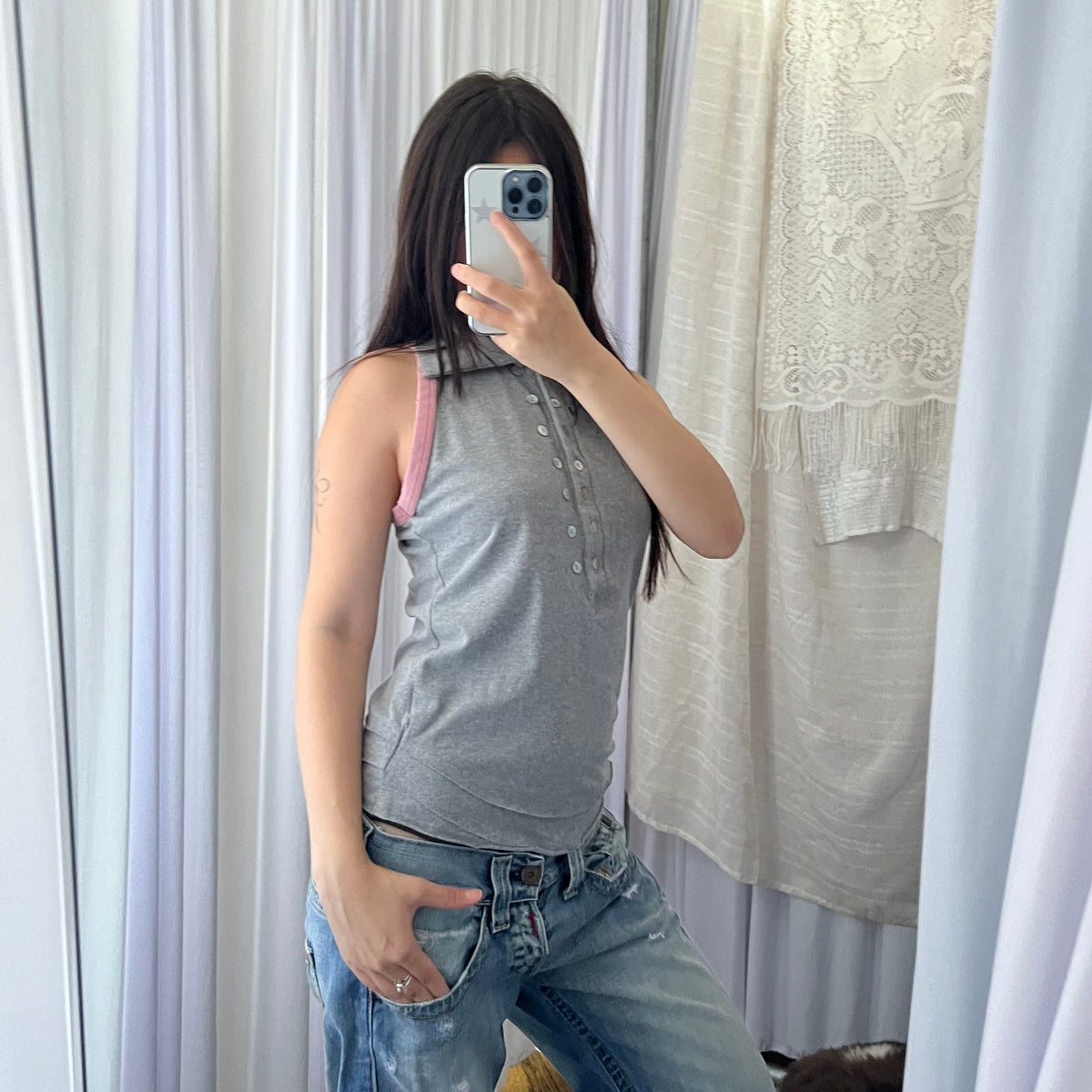 Sexy Woman Grey Pink Contrast Arm Collared Polo Vest Top