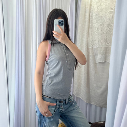 Sexy Woman Grey Pink Contrast Arm Collared Polo Vest Top
