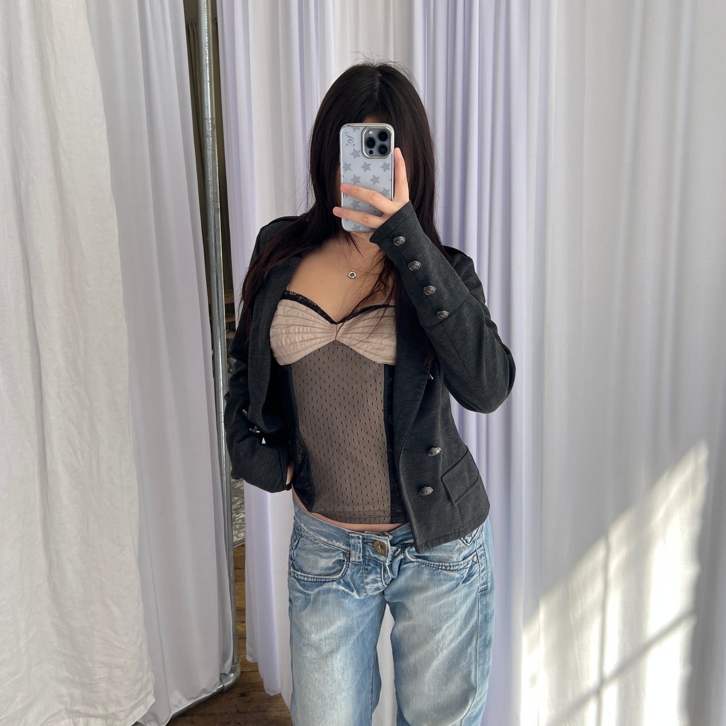 Naf Naf Dark Grey Corpcore Military Style Double Breasted Jacket