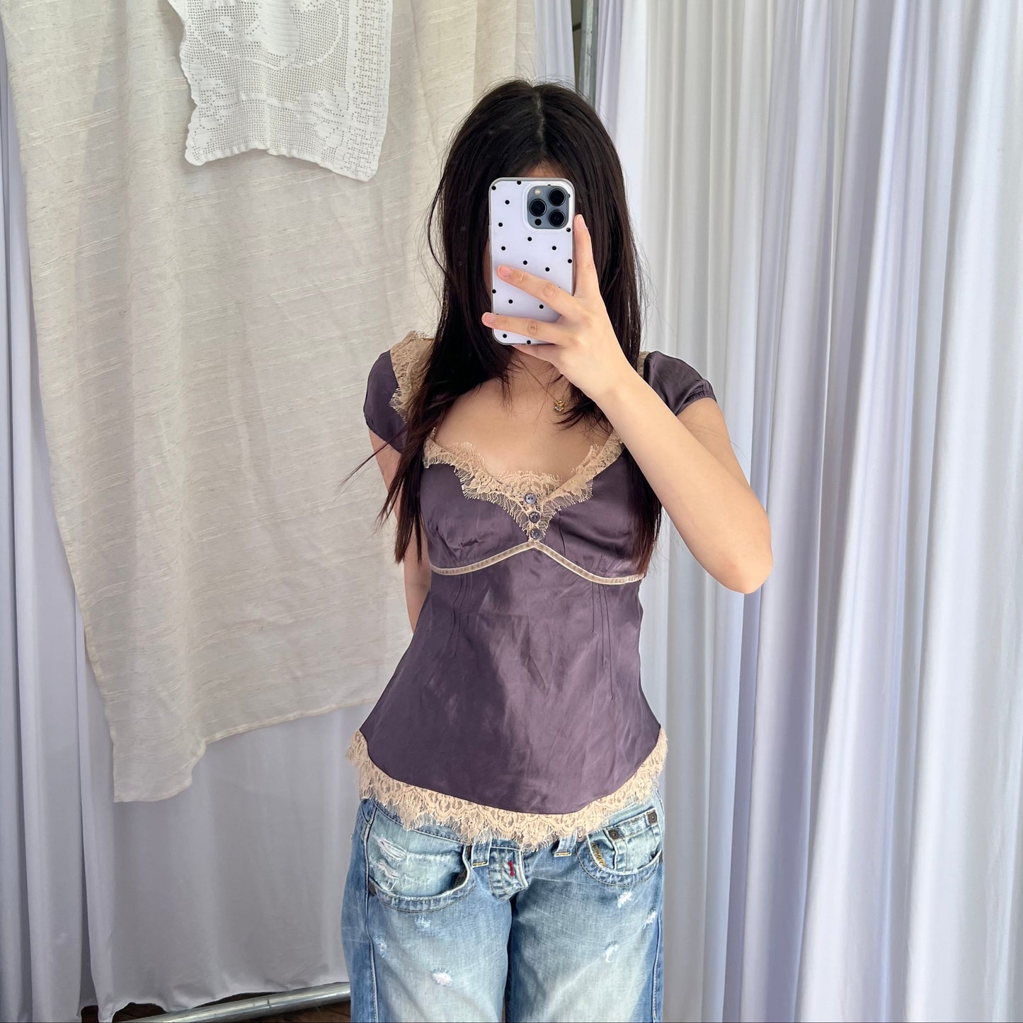 Liu Jo Romantic Purple Silk Beige Lace Trim Blouson