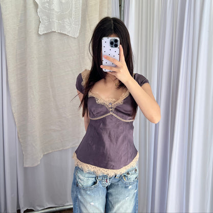 Liu Jo Romantic Purple Silk Beige Lace Trim Blouson