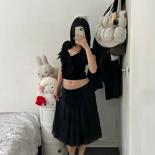 romantic eurosummer anna sui black silk lacey flared midi skirt