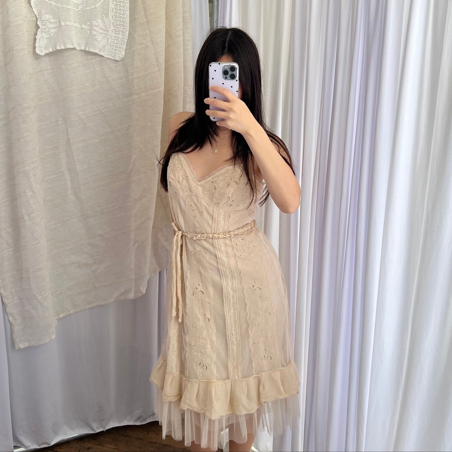 Bcbgmaxazria Beige Broderie Anglaise Cotton Flared Ruffle Hem Midi Dress