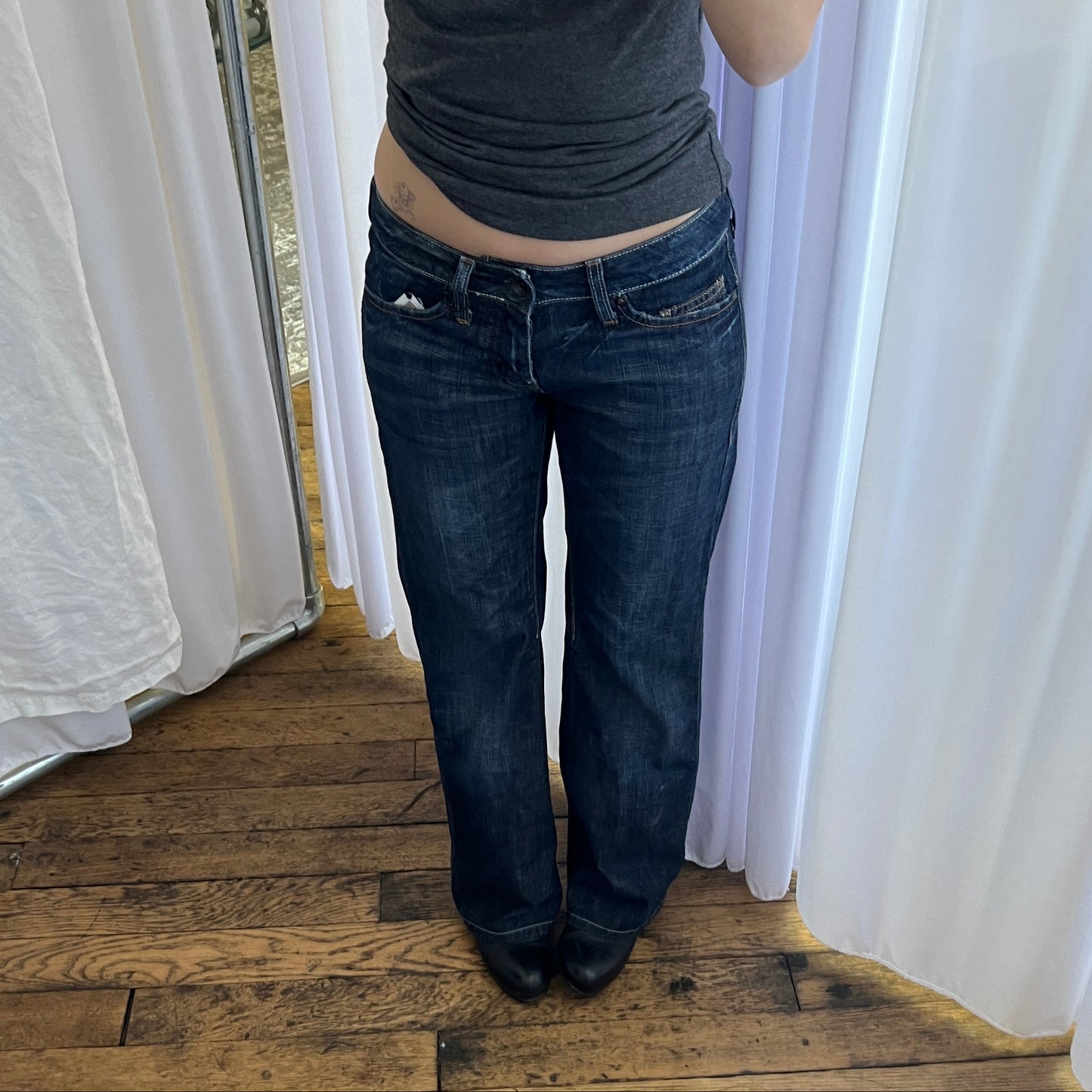 G-star Raw Indigo Dark Wash Low Rise Flared Denim Trousers