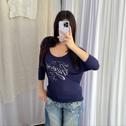 Guess Navy Silver Italic Stud Light Batwing Half Sleeve Tunic Top