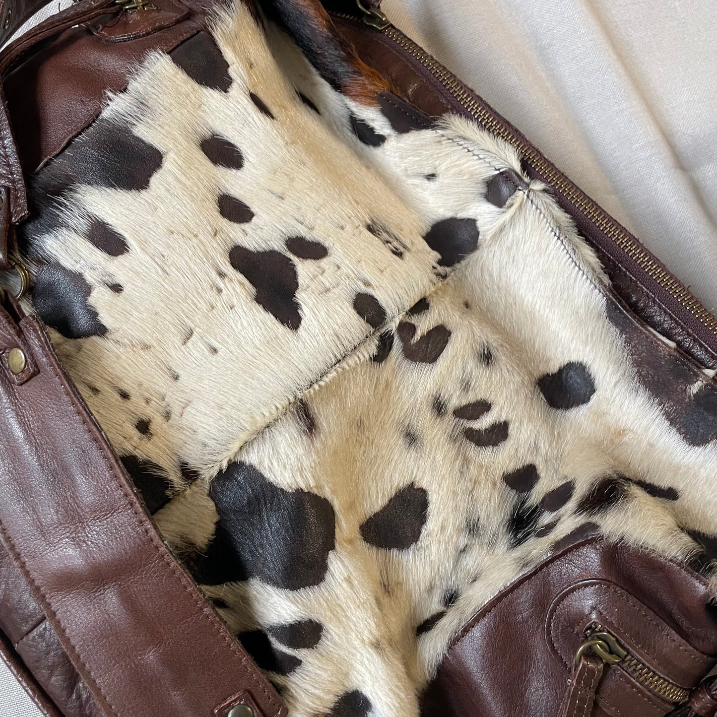 vintage oversized longobardi cow print pony hair x brown leather buckle bag