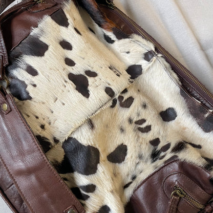vintage oversized longobardi cow print pony hair x brown leather buckle bag