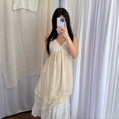 Nadasha Dainty Eurosummer Butter Yellow Ruffle Hem Tulle Crochet Lace Trim Mini Dress
