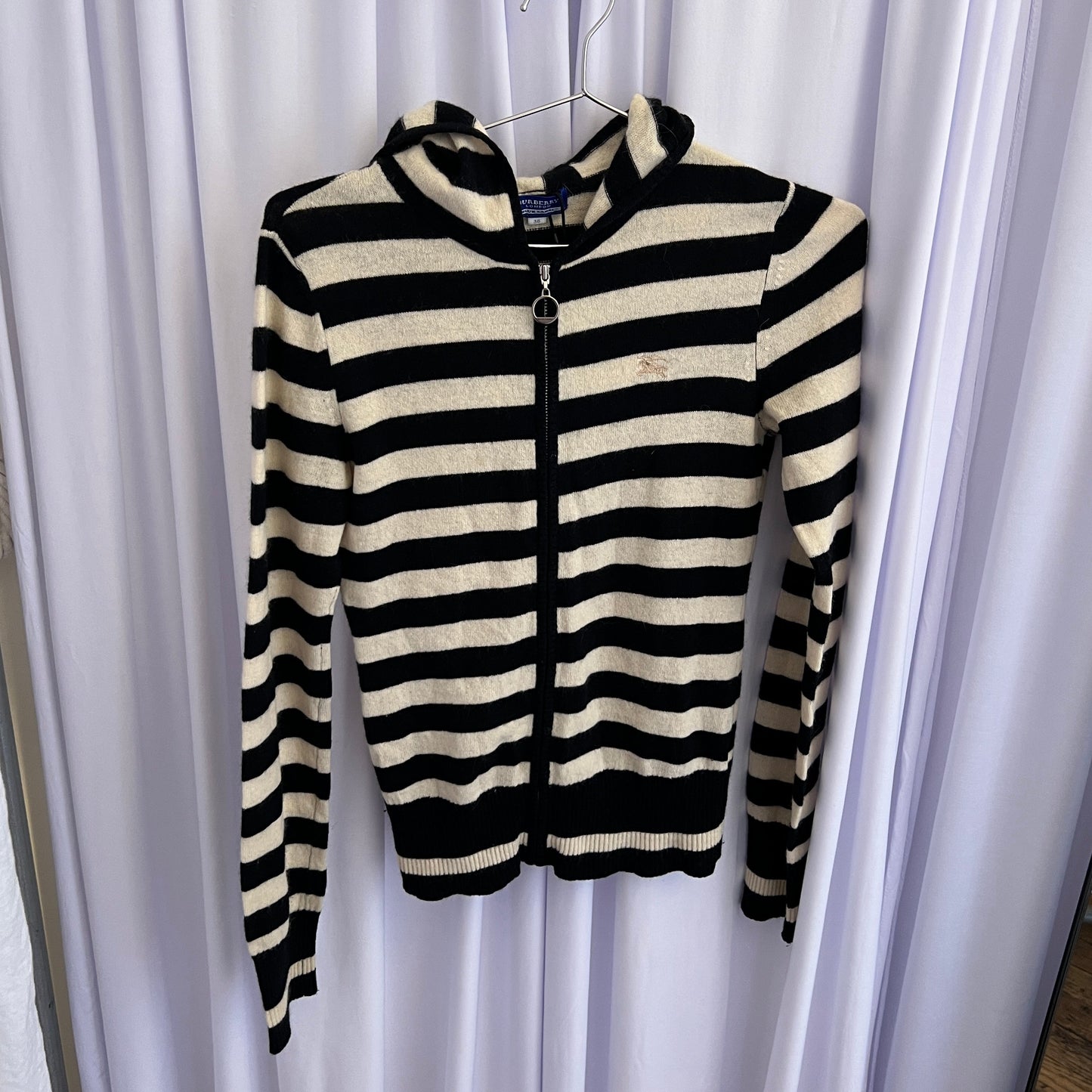 Burberry Label Black White Striped Wool Long Sleeve Fitted Zip Hoodie Cardigan Jacket