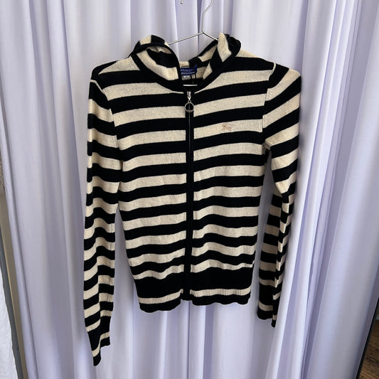 Burberry Label Black White Striped Wool Long Sleeve Fitted Zip Hoodie Cardigan Jacket