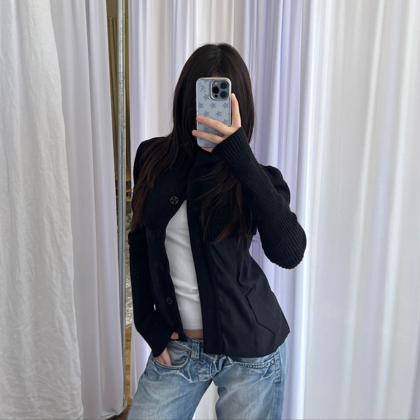 Nell & Me Black Merino Wool Blend Mix Material Blocking Cardigan Jacket