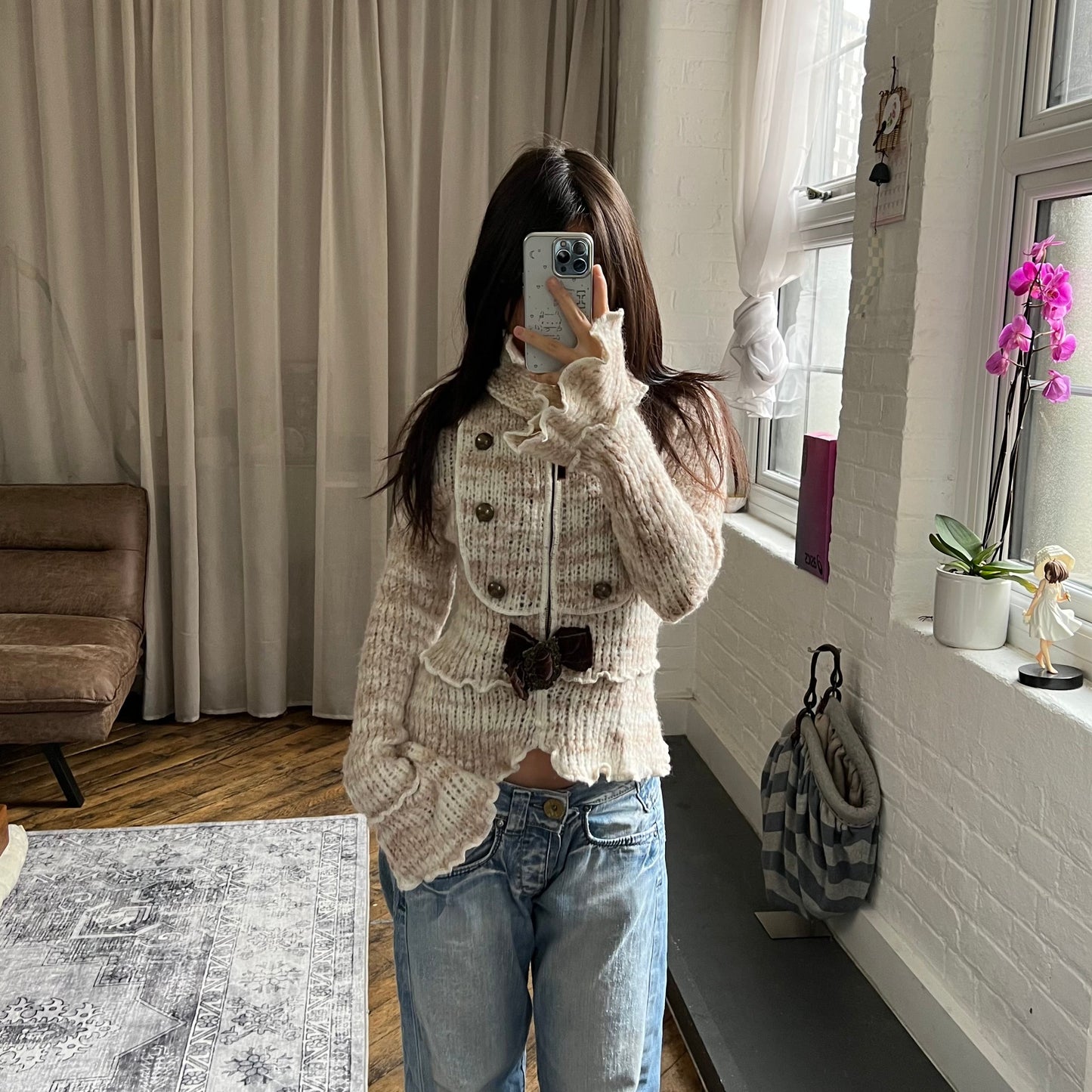 zone bleue speckled brown wide collared knit zip velvet ribbon belt cardigan jacket