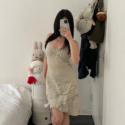 beige linen blend broderie anglaise prairie a line midi dress