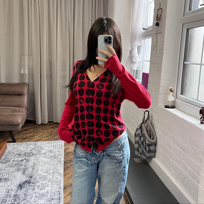 hysteric glamour faded raspberry red polka dot graphic long sleeve cardigan