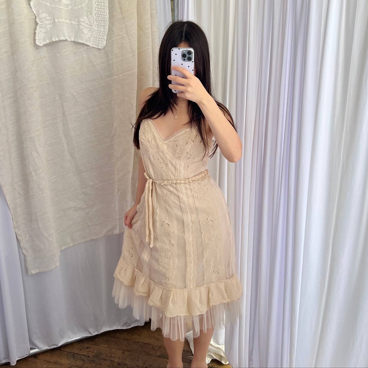 Bcbgmaxazria Beige Broderie Anglaise Cotton Flared Ruffle Hem Midi Dress