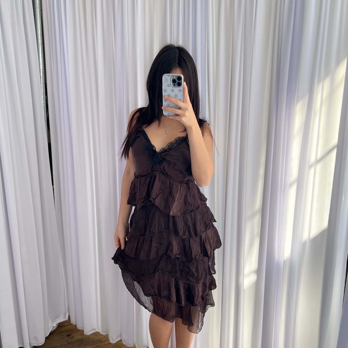 King Kong Romantic Brown Silk Ruffle Tiered Black Lace Midi Dress