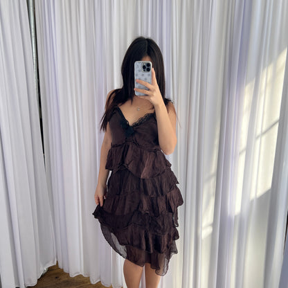 King Kong Romantic Brown Silk Ruffle Tiered Black Lace Midi Dress