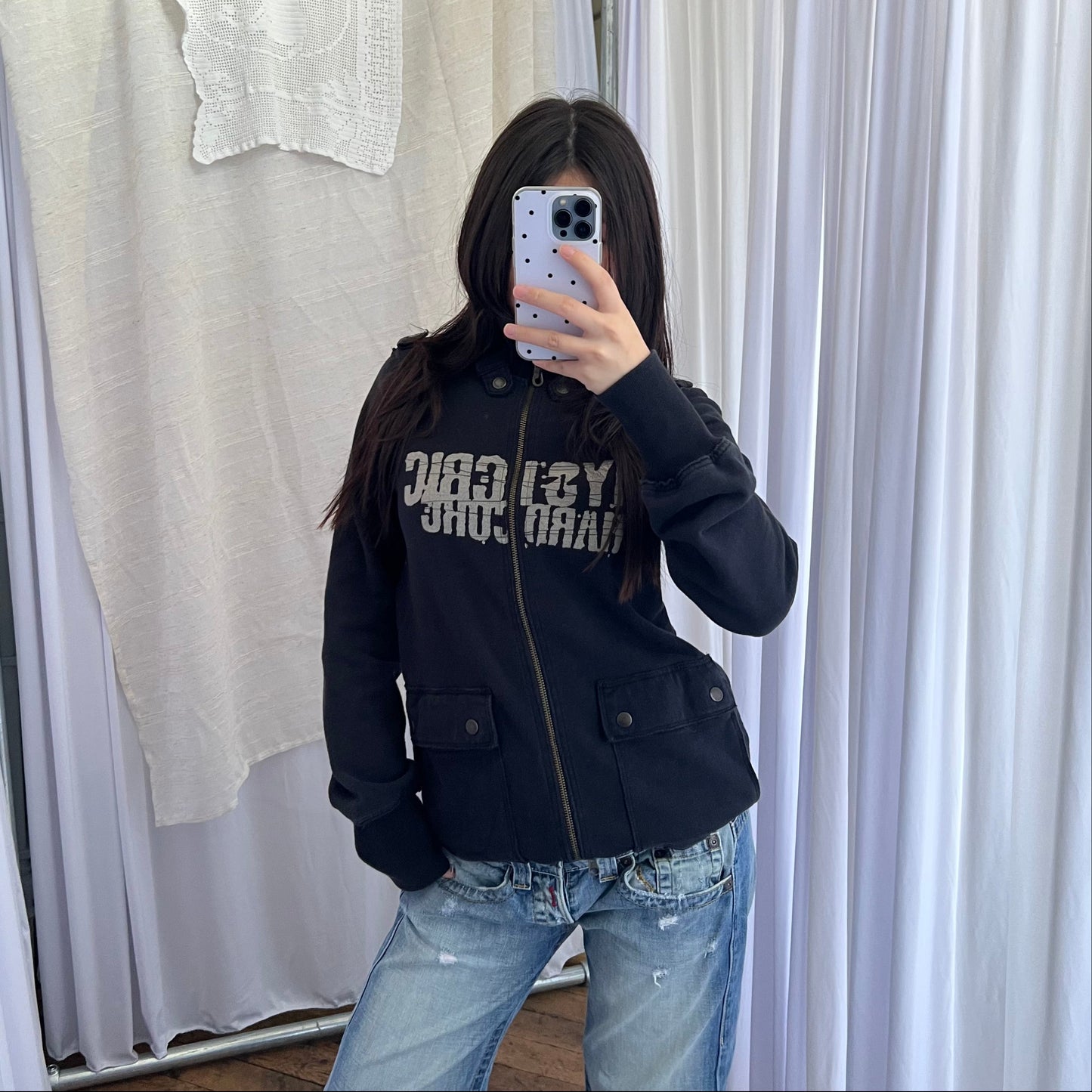 Hysteric Glamour Corpcore Military Style Buckle Round Button Accent Long Zip Jacket