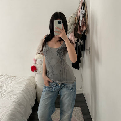 wme! grunge sleaze boho taupe grey rose chain graphic print vest top