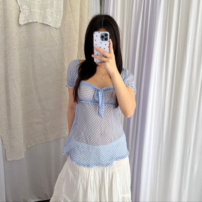 Spring Blue Check Me&Me Couture Gingham Puff Sleeve Ruched Babydoll Blouse