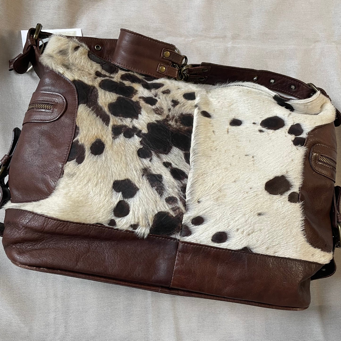 vintage oversized longobardi cow print pony hair x brown leather buckle bag
