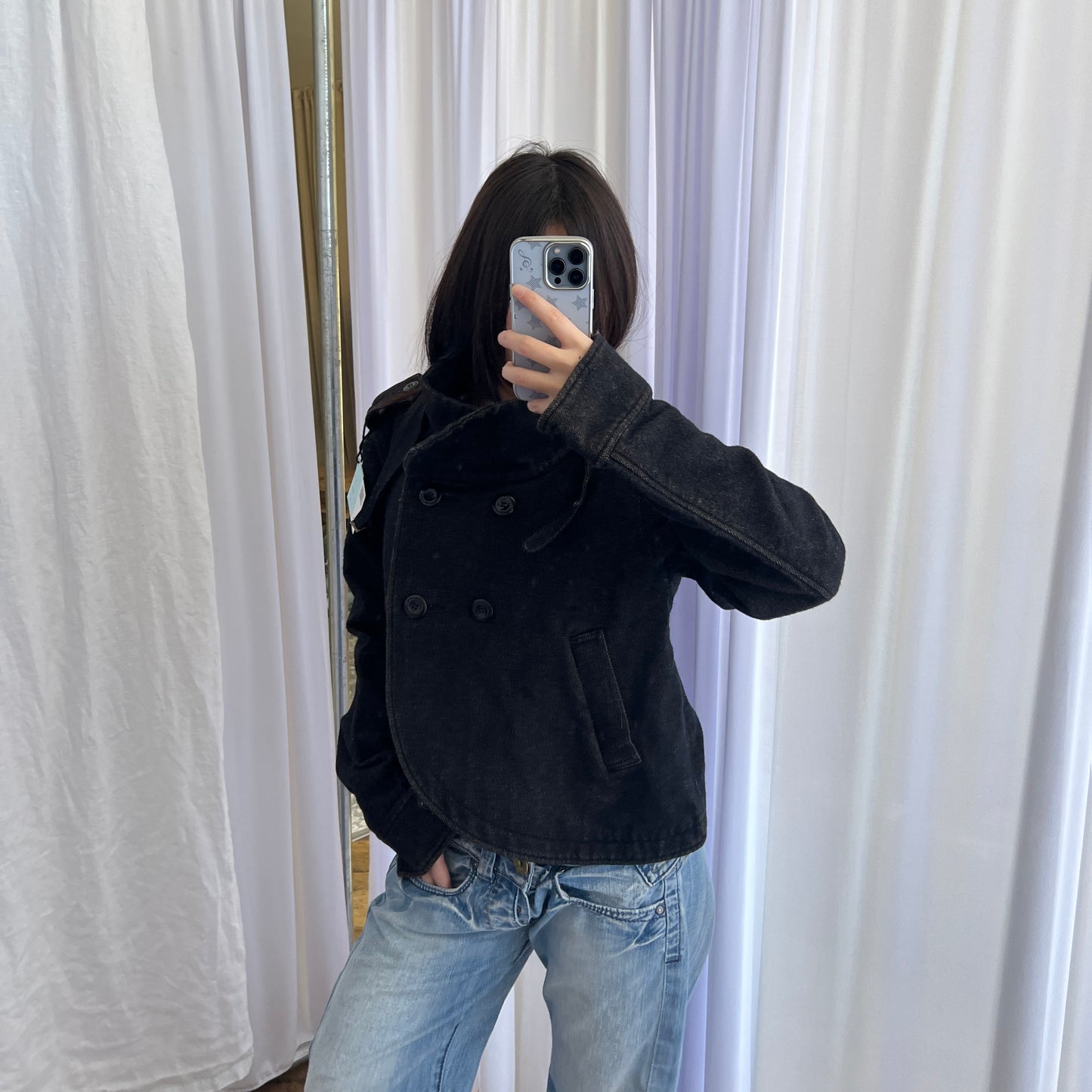 Fornarina Dark Grey Asymmetric Wrap Funnel Neck Double Breasted Crop Jacket