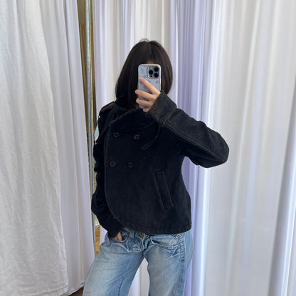 Fornarina Dark Grey Asymmetric Wrap Funnel Neck Double Breasted Crop Jacket