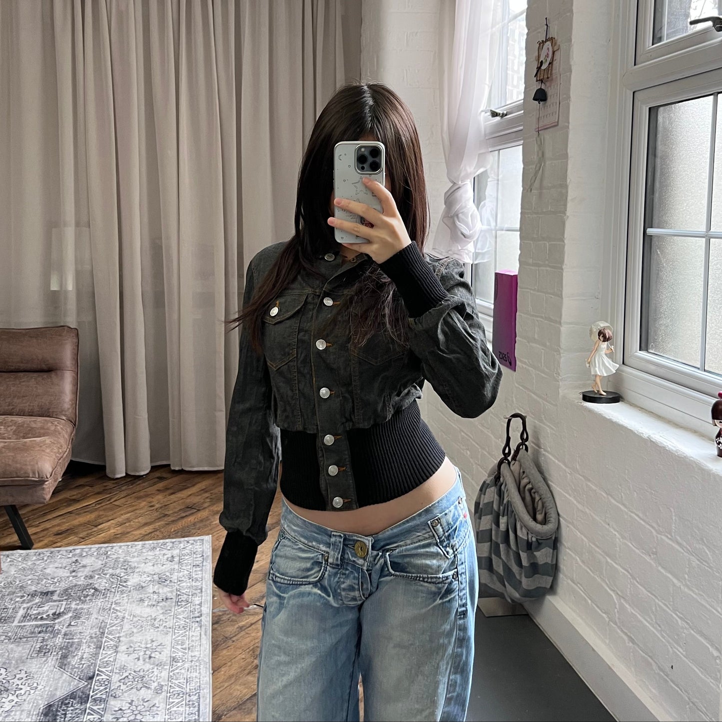 vintage fornarina dark indigo wash denim long sleeve cinched ribbed waist collared jacket